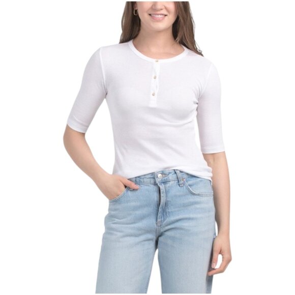 VINCE Pima Cotton Elbow Sleeve Henley Neck Top - Picture 1 of 2